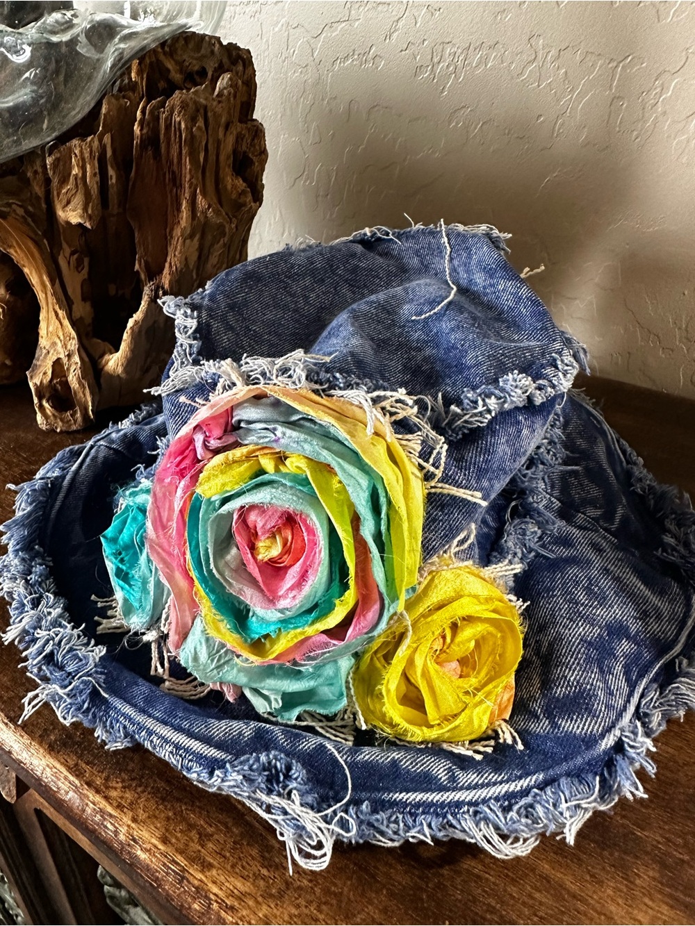 Blueberry Kate Denim Frayed Bucket Hat with Colorful Fabric Flower Accents